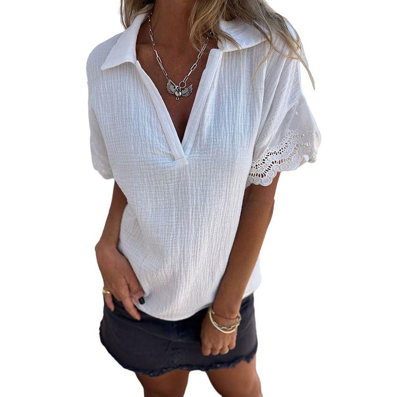 

2024 Summer New Arrival Pure Color Pullover V-neck Short Sleeve Shirt Women Fashion Minimalist Lace Patchwork Three Quarter Sleeve Tops White P1 Size XL fit (70.00 kg-75.00 kg