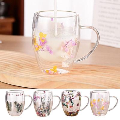 Creative Double Wall Coffee Mug Dried Flower Filler Glass Cups Christmas Gifts Glass Cup With Handles Kitchen Accessories New