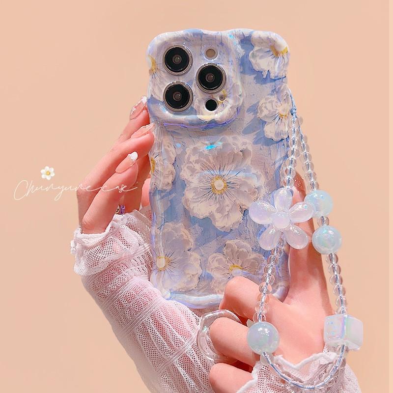 Floral TPU Phone Case IPhone 16 Pro Max With Detachable Flower Rope Strap Blue Purple Green