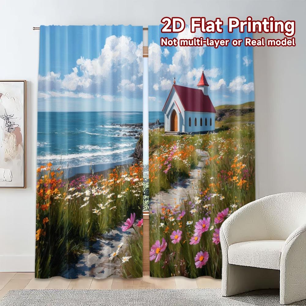 Set Of 2 Modern Flat Printing Curtains Without Rod Seaside Chapel Print Durable Polyester Curtain Thermal Made