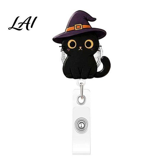 Acrylic Name Tag Holder Halloween Black Cat Pumpkin Badge Reel Retractable with 360 Degree Rotating Clip Clip Decorative Reel for ID Card And Nurse