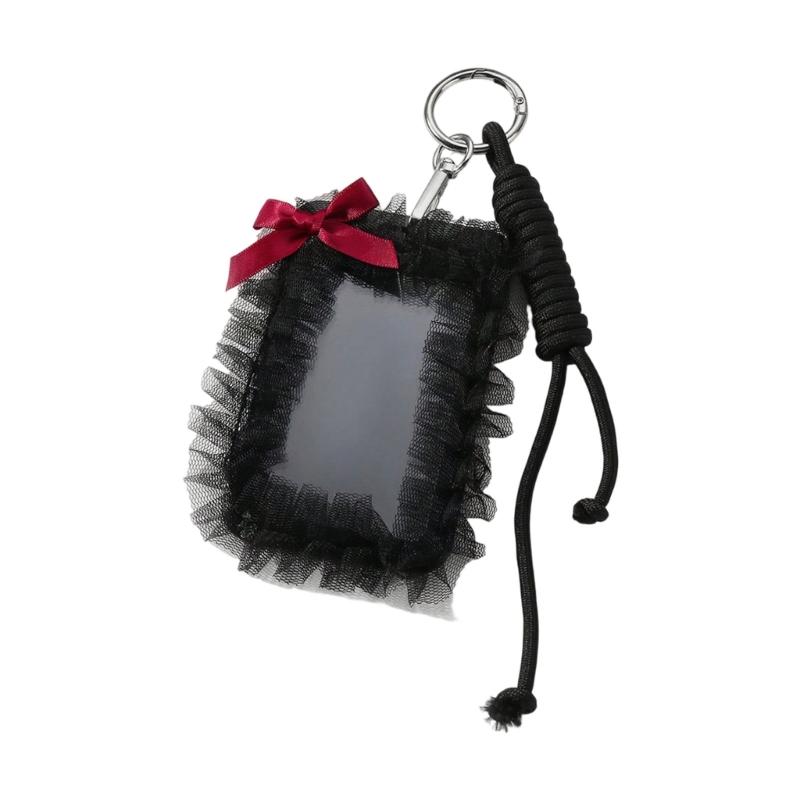 Elegant Badge Holder Gothic Bowknot Keychain Beaded Lace Card Charm Accessory Alternative Fashion Keyring