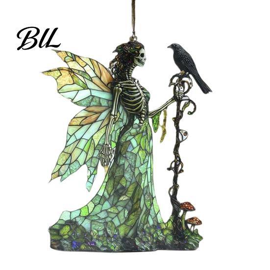 Decorative Hanging Ornaments Stained Glass Style Skeleton Fairy Window Suncatcher, Acrylic Ornament with Butterfly Wings Office Decorations for Living