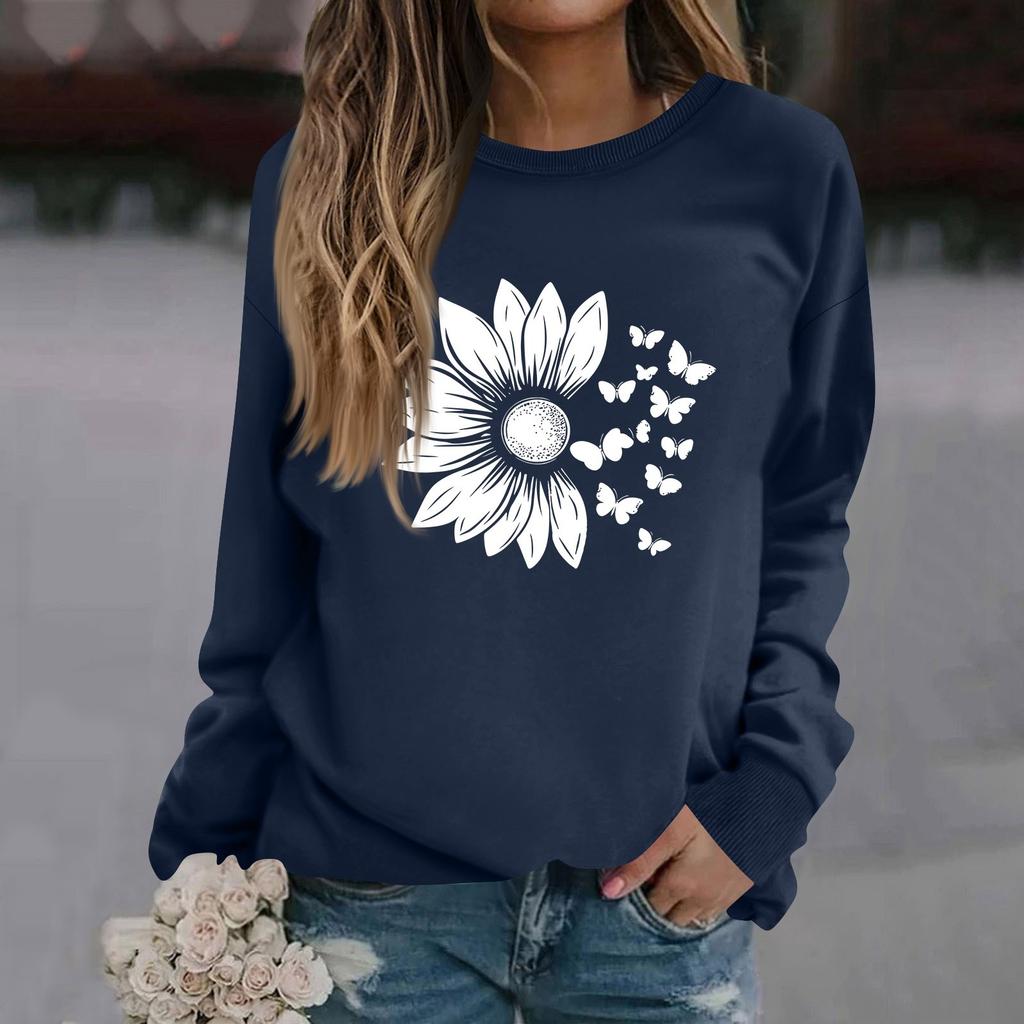 Women's Fashion Casual Long Sleeve Solid Color Printed Round Neck Top Sweatshirt