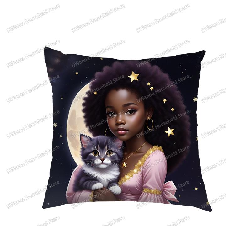 Cute Afro Princess With Cat Dog Print Cushion Covers African Girls Pillowcase Home Decor Seat Sofa Car Office Throw Pillow Cover