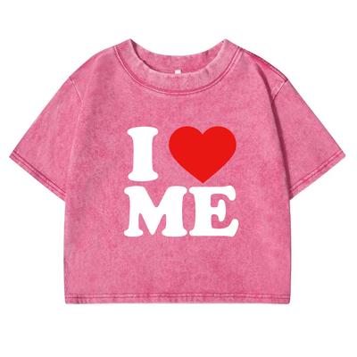 I Love You Red Heart Printing Retro Tee Shirt Women Washed Short Sleeve Cotton Street Clothing All-Match T Shirts