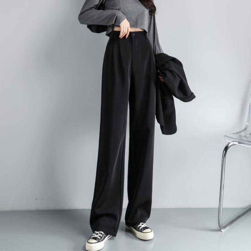 Fashion New Solid Straight Casual Wide Leg Pants Women Elegant Slim Fit High Waist Suit Pants Women Pockets Simple Office Ladies Trousers 25896