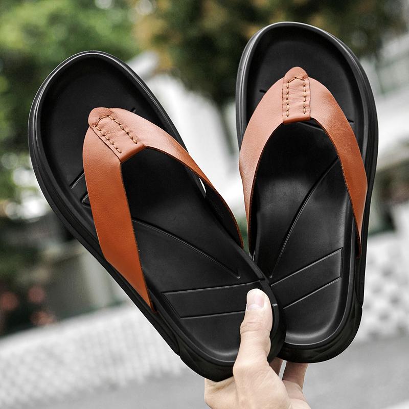 Fashion Stylish Non-Slip Real Leather Men Slippers Simple Sandals Lightweight Man Half Drag Quick Dry Men Flip Flops Outdoor Beach Shoes