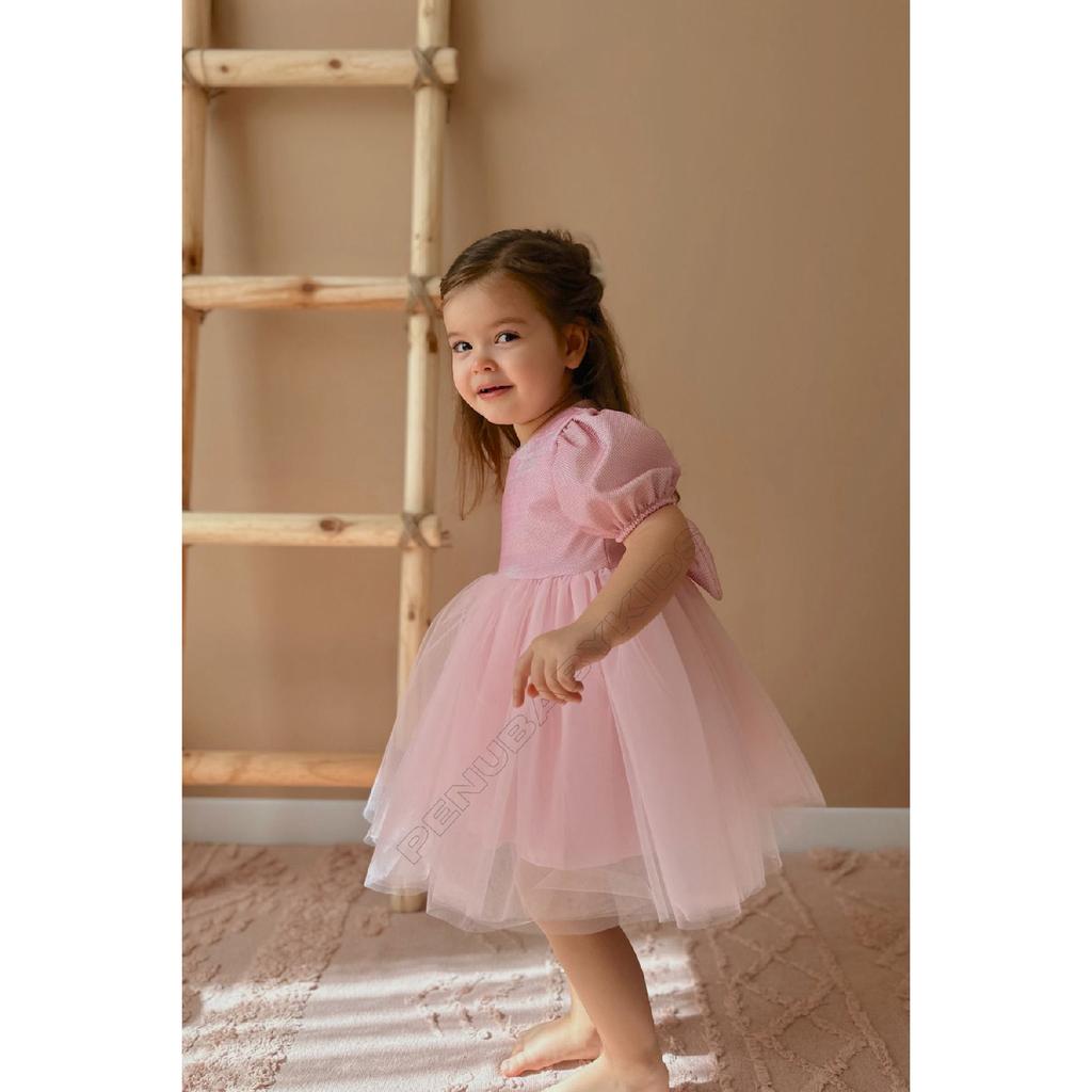 Rosa kurze Ballon-Stoffärmel, detailliertes Tutu-Tutu-Kleid für Babymädchen