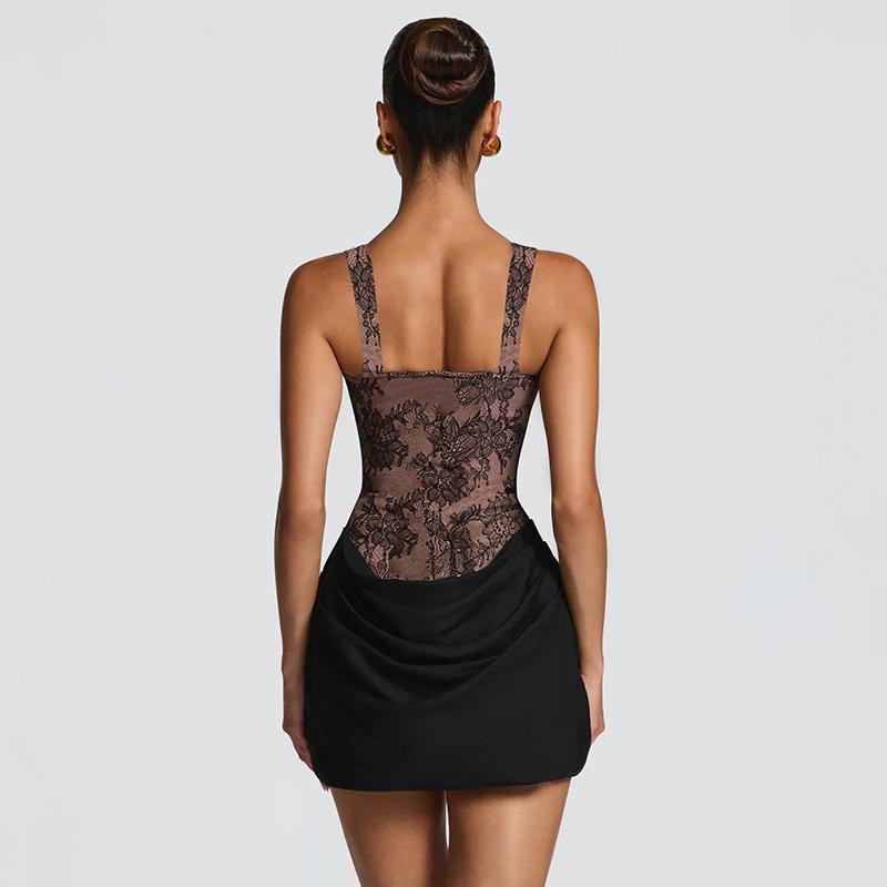 European Style Lace Patchwork Bodycon Dress - Strappy, Waist-Cinched Skirt