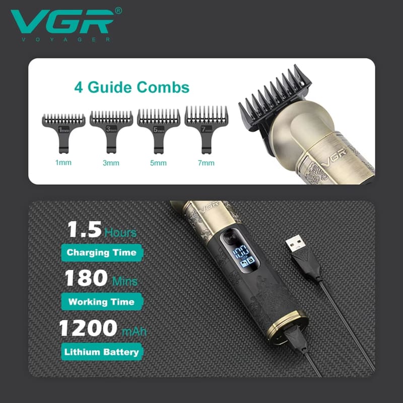 2026 VGR V-296 Professional Retro New Hair Clipper with LCD Digital Display Metal Body Engraving Men's Special Electric Hair Clipper Beard Trimming
