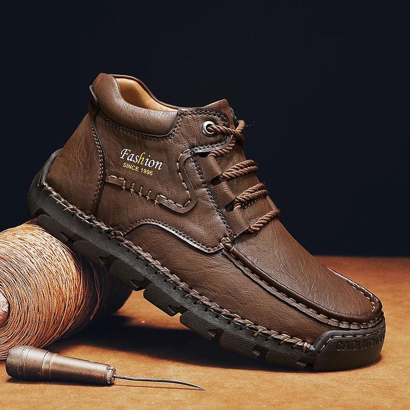 New Mens Ankle Boots High Quality Leather Warm Boots Comfortable Retro Outdoor Boots Lace Up Hiking Sneakers Men Casual Shoes