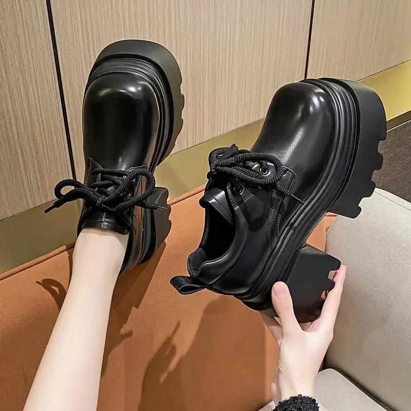 New 2025 Spring Women Platform Casual Shoes Loafers Lace-up Chunky Sneakers 10CM High Heels British Thick Bottoms Leather Shoes