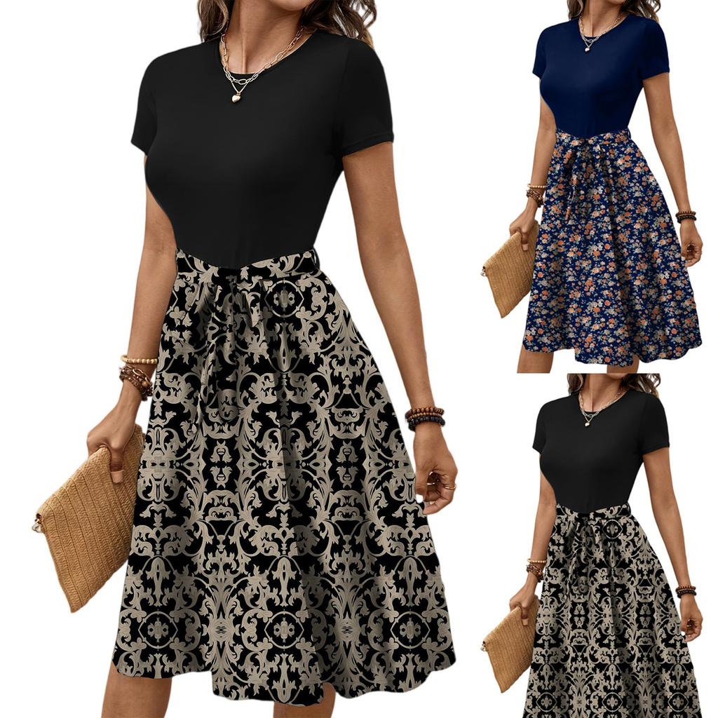 Kadın Modası Şık Retro Desenli Baskı Renk Bloklu Kemerli Günlük Elbise