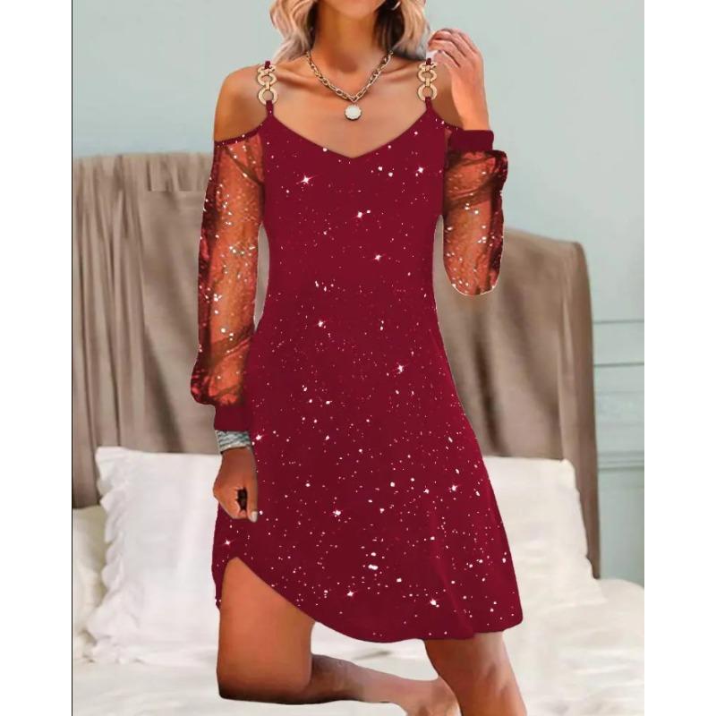 Women's new V-neck printed splicing mesh women's dress