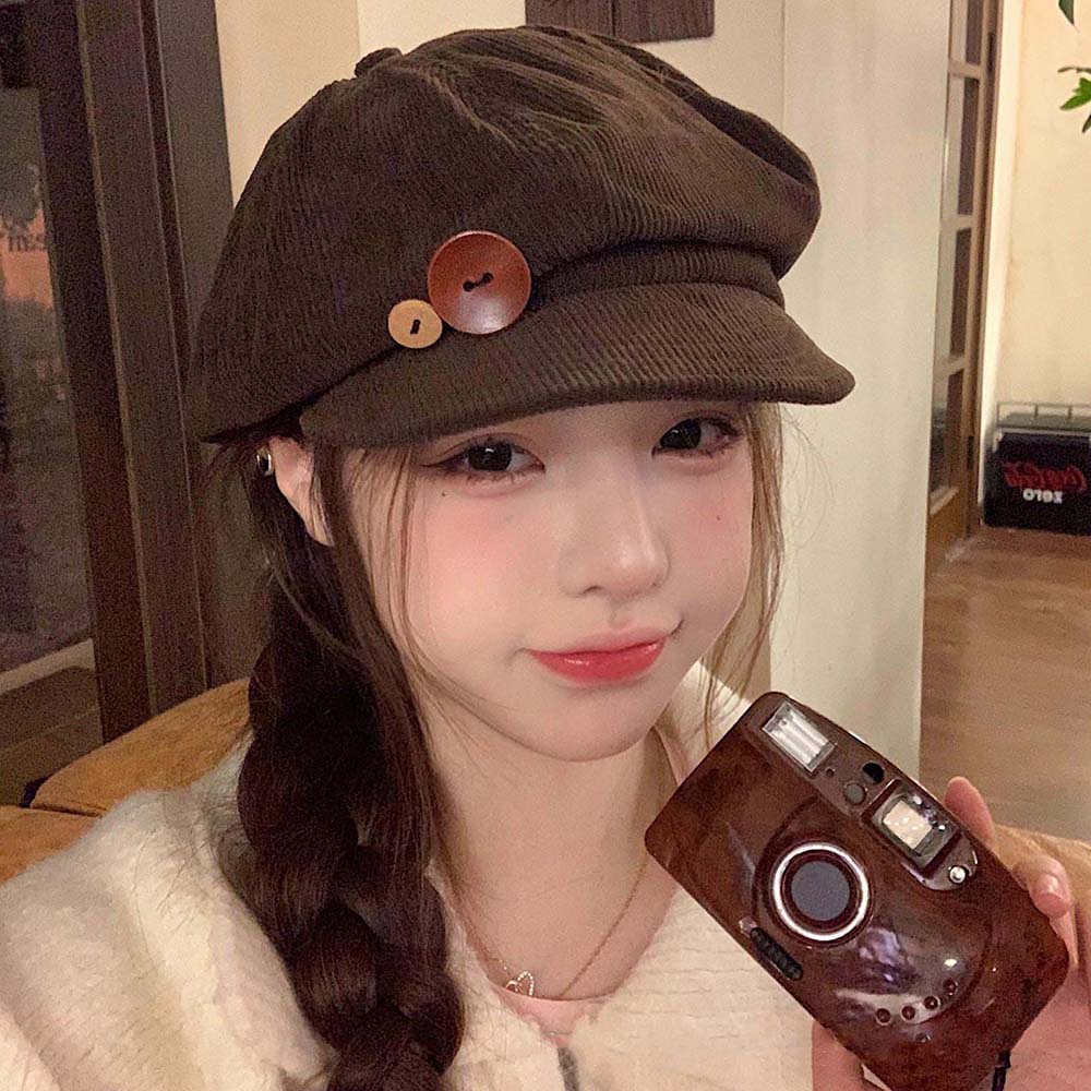 New Corduroy Newsboy Cap Double Button Decoration Beret Hat For Women Spring Autumn Vintage Painter Hat Japanese Sun Cap Outdoor