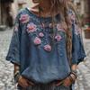 Women Tops Round Neck Short Sleeve Retro Floral Art Print Pullover Tops Loose Fit Soft Fabric Casual Summer Shirt