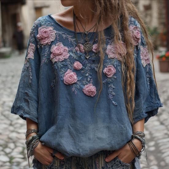 Women Tops Round Neck Short Sleeve Retro Floral Art Print Pullover Tops Loose Fit Soft Fabric Casual Summer Shirt