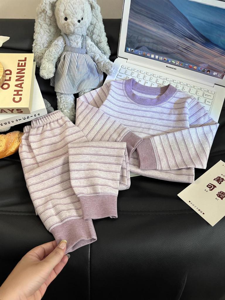 Children's Velvet Cotton Underwear Set: Thickened Autumn Striped Home Wear for Boys and Girls