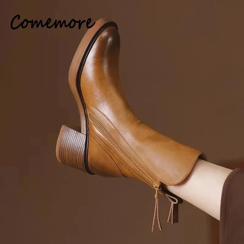 Comemore  Versatile Style Retro Ankle Boots High Heels Women Fashion Boot Rubber Leather Autumn Winter New Women's Shoes 34