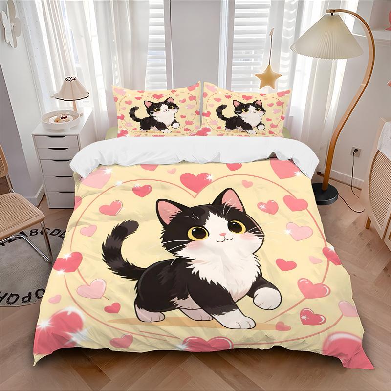 3er Set Bettbezug mit Love Cat Design Aufdruck (1 * Kissenbezug + 2 * Kissenhüllen, ohne Füllung), Geeignet für Heimschlafzimmer, Gästezimmer, Wohnheim Dekoration