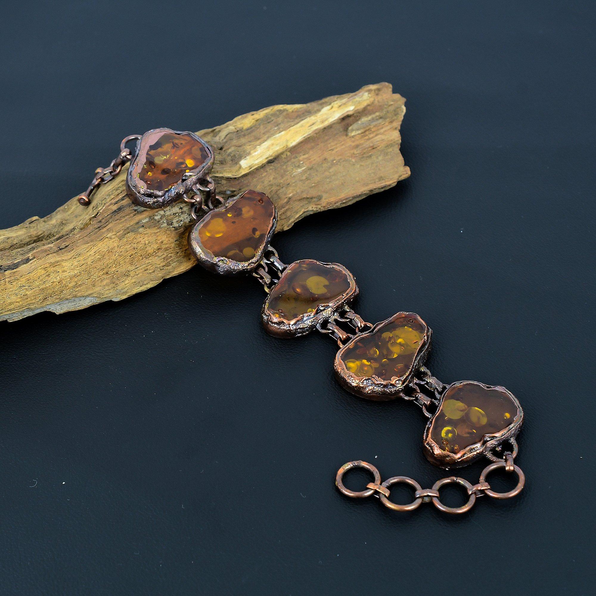 

Янтарный браслет, Браслет из драгоценных камней, гальванопластика медью, Ювелирное изделие ручной работы, Для подарка на годовщину