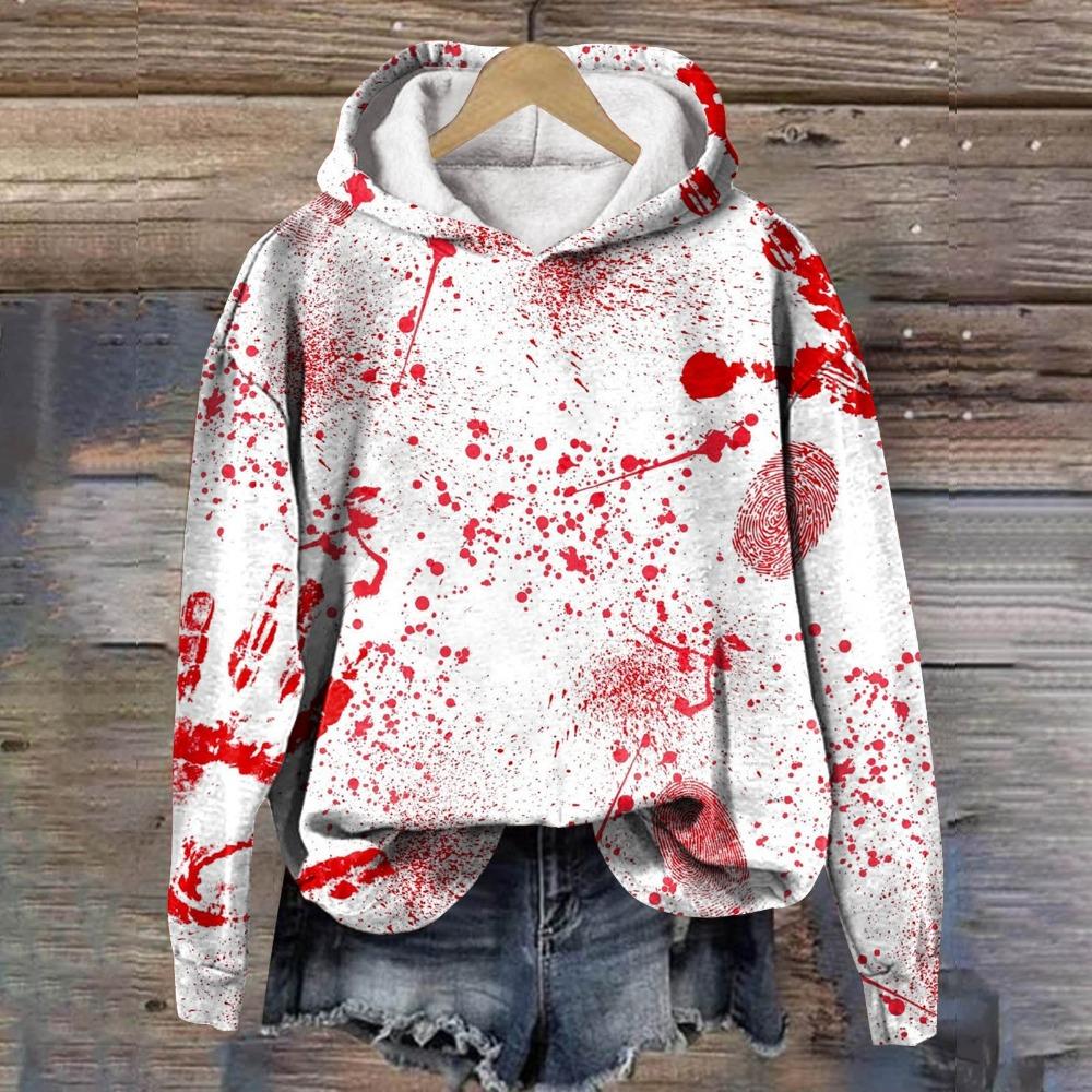 Halloween Women Blood Printing Sweatshirts Long Sleeve Casual Hoodies Drawstring Oversized Hooded Pullover Moletom Femininos