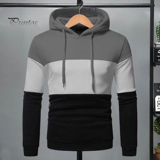 Men Fall Winter Hoodie Colorblock Drawstring Long Sleeves Big Pocket Hooded Retro Thin Loose School Daily Wear Casual Sport Top