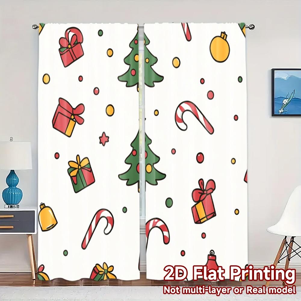2pcs,Curtains Christmas Bells Candy Cane Tree Gift (2) Popular Curtain Fabric Versatile Polyester Fabric Curtains Art Deco