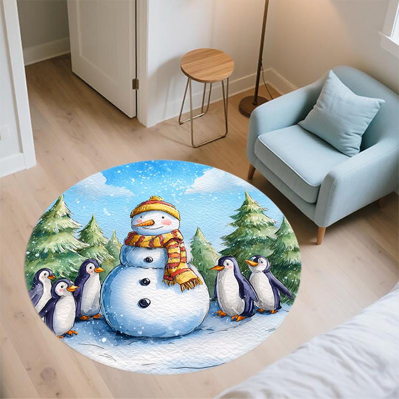 Snowy Day Penguin,Round Area Rug,Carpet Rug for Living Room Bedroom Sofa Playroom Decor,Non-slip Floor Mat