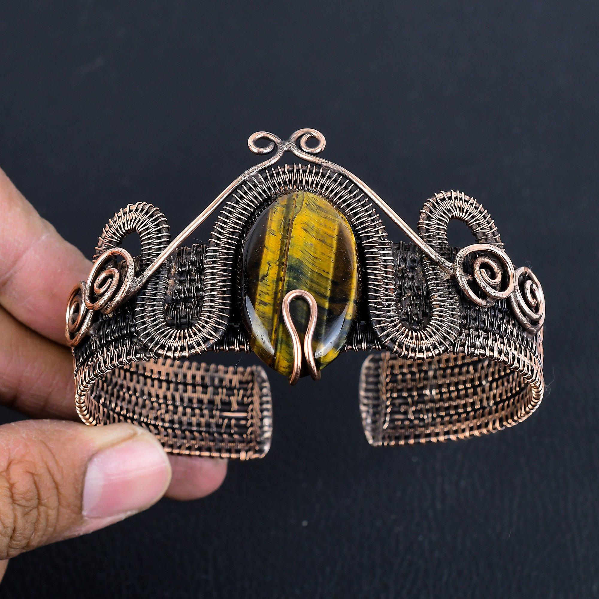 

Тигровый глаз, обмотанный медной проволокой 999 пробы, серебряный браслет-манжета, регулируемый, украшения из драгоценных камней ручной работы, подарок для мамы, антикварные украшения