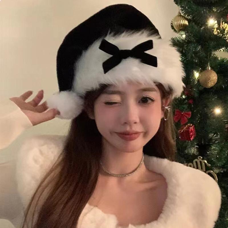 Girl Christmas Hat Decoration Bow Xmas Cap Women New Year Gift Winter Warm Plush Pullover Caps Christmas Decor