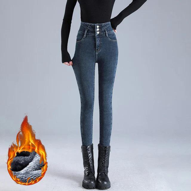 Jeans de Invierno de Felpa y Denim de Cintura Alta para Mujer - Pantalones de Nieve Ajustados, Gruesos y Cálidos para Estudiantes
