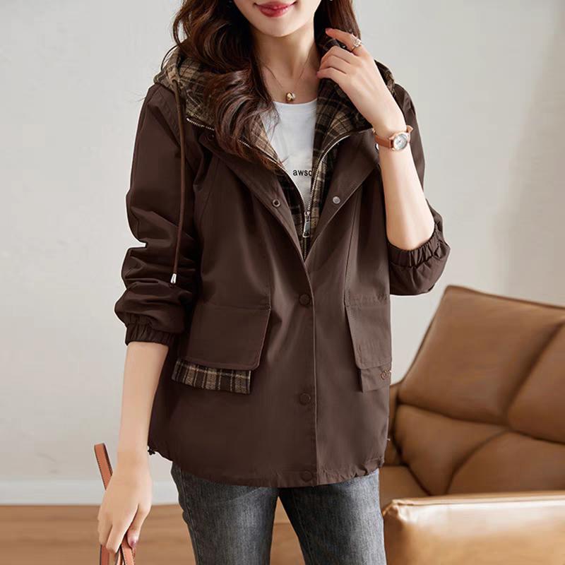 Women's Windbreaker Jackets Plaid Fake Two-piece Splicing Loose Casual Hooded Tooling Jacket Trend Coats