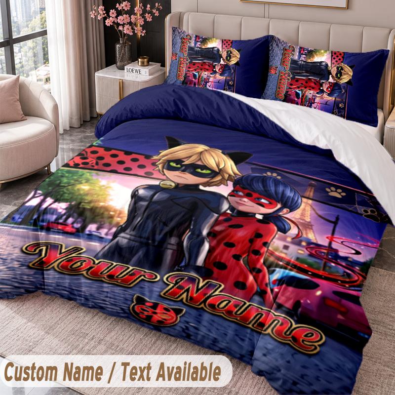 Custom Name Text 3Pcs Bedding Set Miraculous Ladybug Duvet Cover And Two Pillowcases