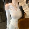 Jersey de Punto Casual de Encaje con Cuello en V para Mujer Otoño e Invierno Nuevo Jersey de Punto Ajustado para Mujer Tops Elegantes Sólidos Vintage Jerséis de Señora 25865