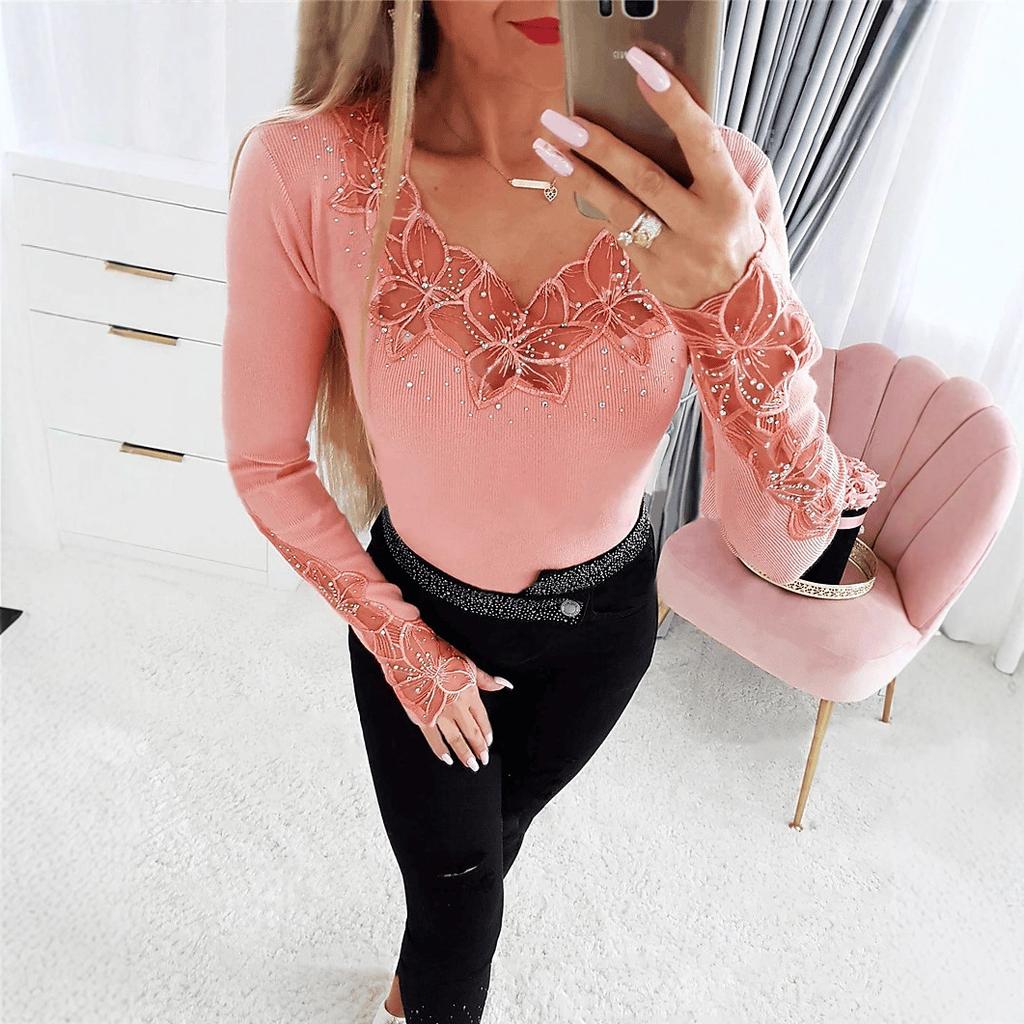 Damen Oberteil Herbst Winter mit Kragen und Manschetten Spitzenbesatz Strasssteindekor Langarm Mode Täglich Basic Büro Dame Lässig Schlanke Passform Damen Elegantes Oberteil