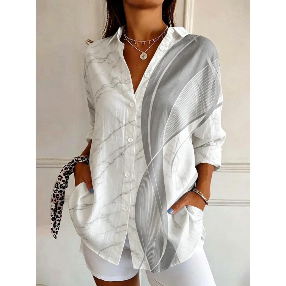 Women's Long Sleeve Abstract Swirl Print Button Down Casual Shirt Elegant Daily Blouse Tops in Red Black for Spring Summer