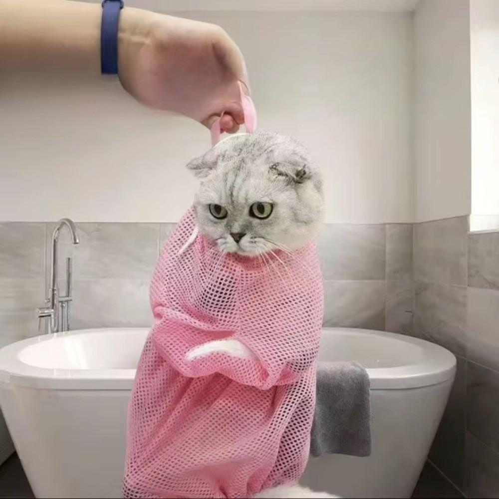 Borsa da Toelettatura per Gatti in Rete Regolabile Anti-Morso in Poliestere Sacca per Lavaggio Animali Domestici Traspirante Cestino per Doccia Gatto Prodotti per Animali Domestici