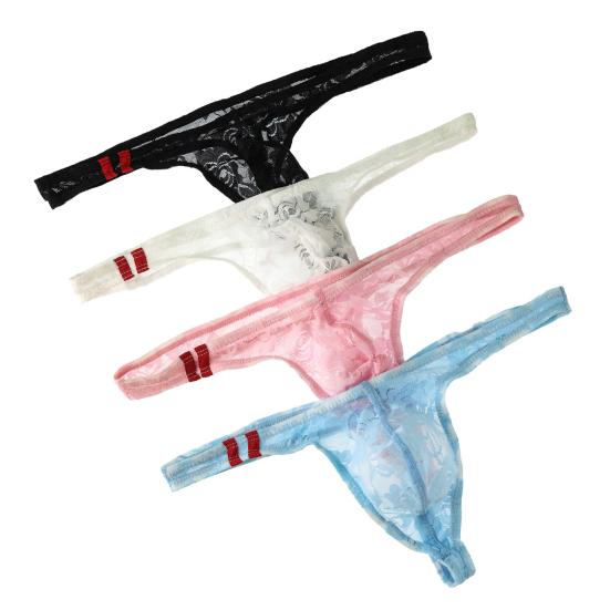 Yousheng Men Thong Low Waist See-through Embroidery Lace Flower Pattern Briefs Breathable Soft Stretch Slim Fit Underwear Honeymoon Valentine Wear