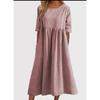 Women's Fashion Solid Color Dress Large Loose Cotton Linen Round Neck Five-Part Sleeve Mid-Length Dress