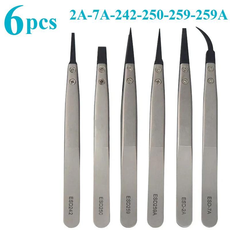 5/6PC Watch Hands Installation Work Tweezers Straight Elbow Handle Stainless Antistatic Plastic Tweezers ESD-259 ESD-259A ESD-7A