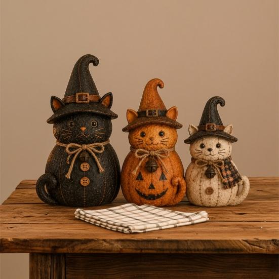 Halloween Table Decorations 3Pcs Witch Cat Dog Statues, Resin Rustic Farmhouse Small Harvest Figures Ornaments for Autumn Thanksgiving, Fireplace