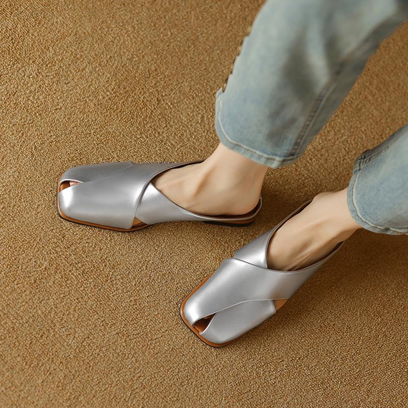 Fashion Women's New Spring/Summer Square Headed Cross Comfortable Low Heel Large Headed Muller Slippers