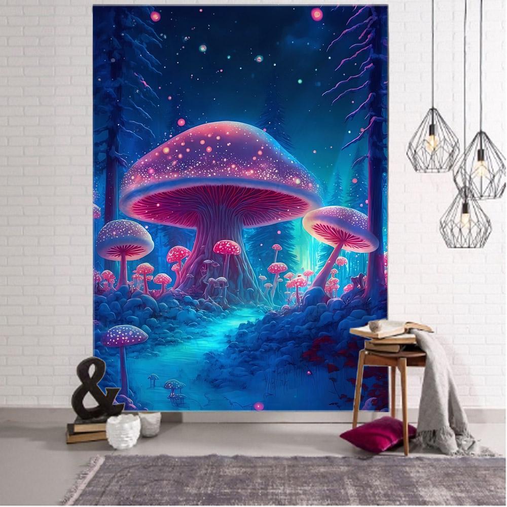 Fairy Tale Mushroom Forest Tapestry Wall Hanging Aesthetic Decoration Blanket Bed Sheet Living Room Bedroom Background Poster