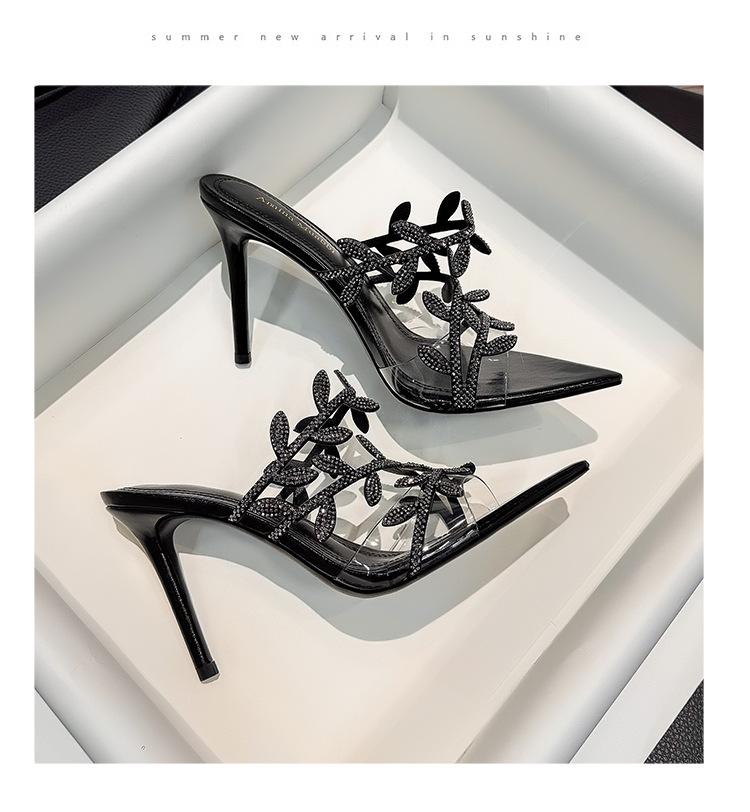 Black diamond gold branches and jade leaves high heels new summer pointed sexy royal sister open toe thin heels cool slippers women