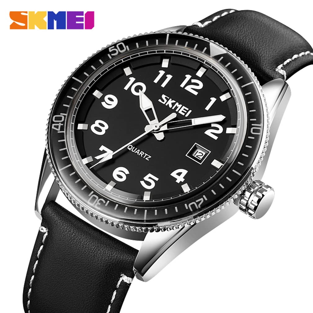 Black Leather Big Simple Luminous Arabic Date Watches for Men Men's Watch, Strap, Face, Design, Waterproof, Analog, Display, Numerals, Display,