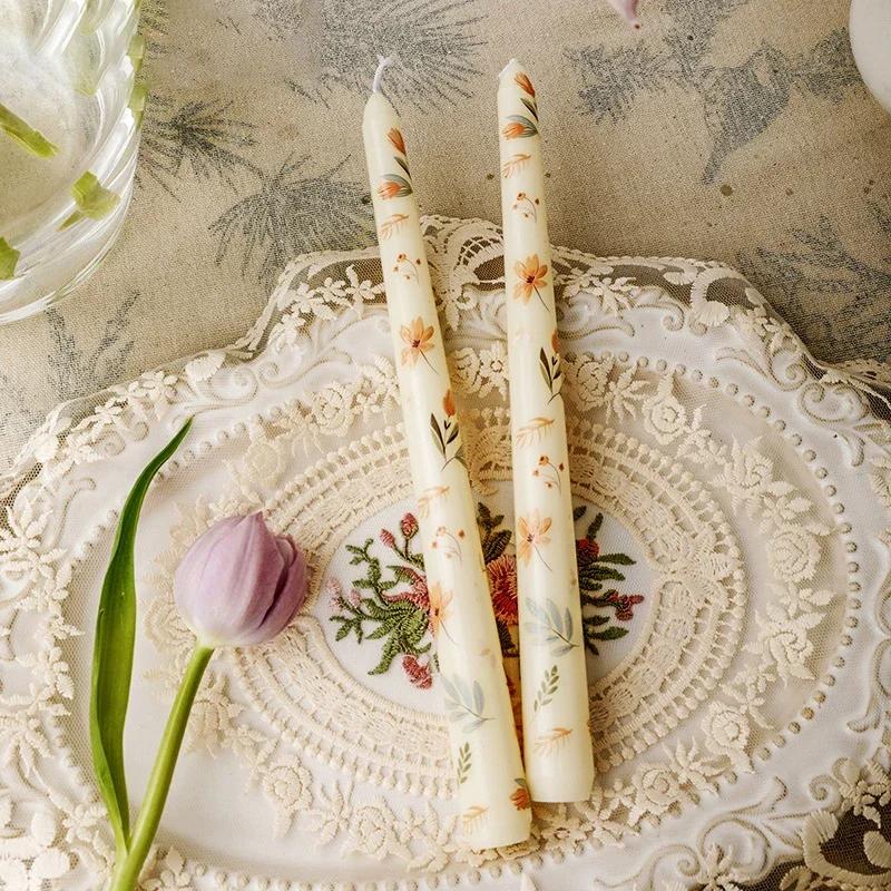 2PCS/Box Printed Long Candle European-Style Romantic Candlelight Dinner Wedding Festival Marriage Decoration Smokeless Candle