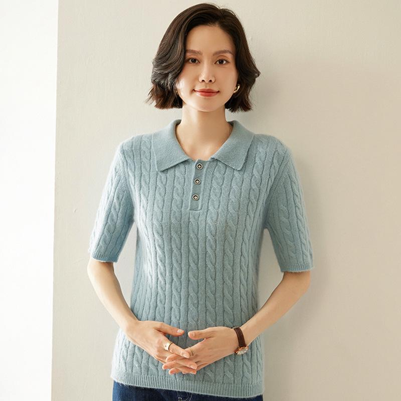 Women's Cable Knit Cashmere Short Sleeve Polo Sweater