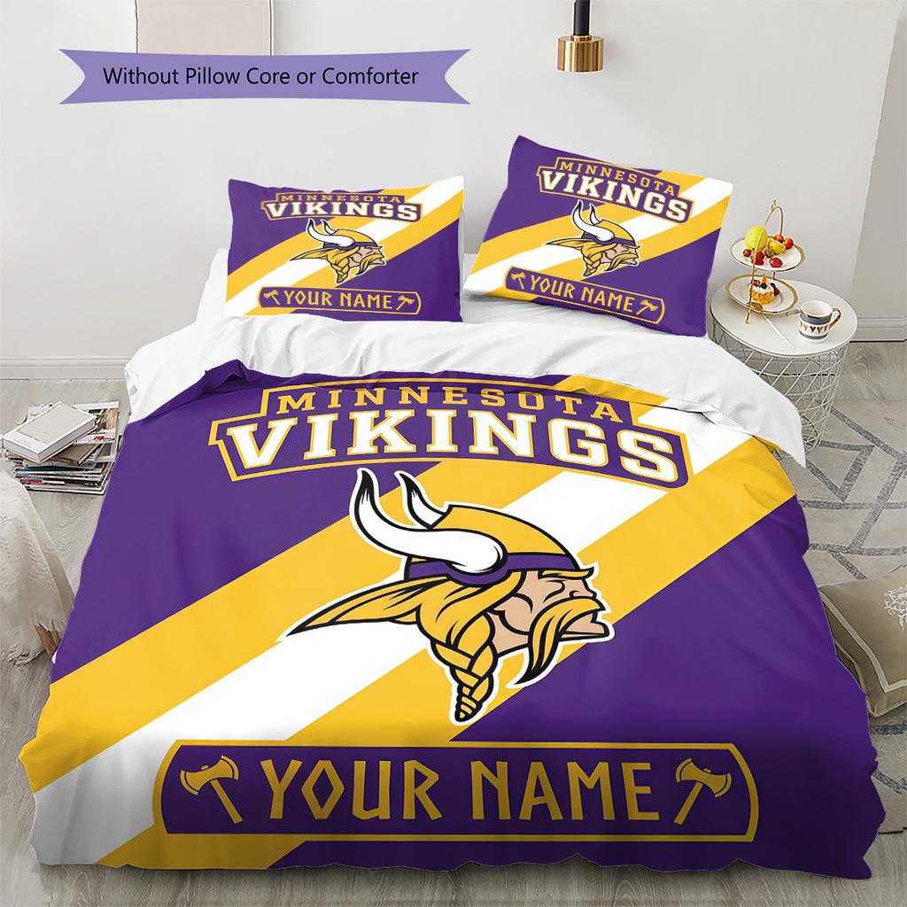 Benutzerdefinierter Name Minnesota Vikings 3 Muster Bettwäsche Steppdecke Set Heimdekoration Geschenk (1 Bettbezug + 2 Kissenbezüge (ohne Füllung))